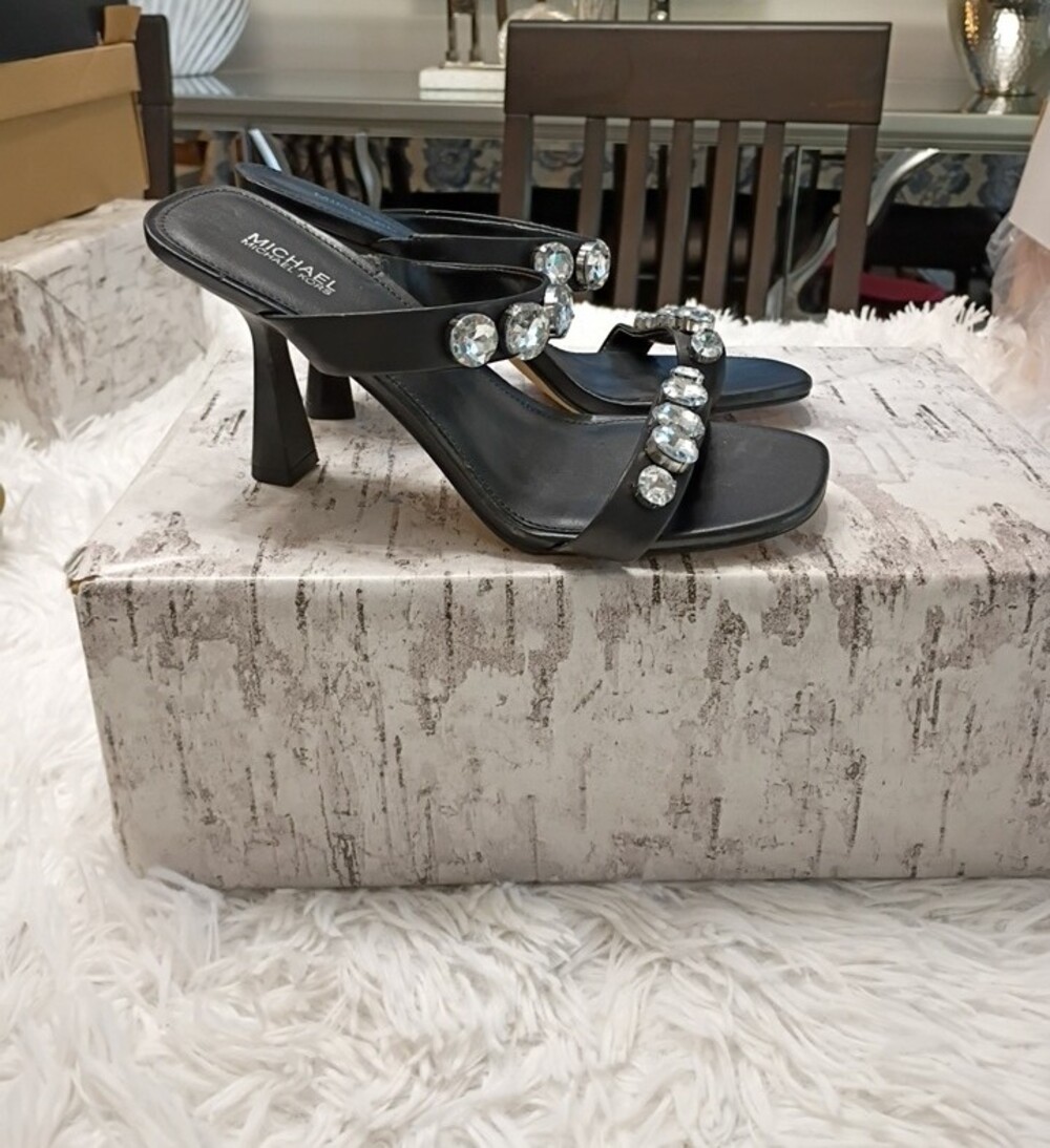 Michael Kors Clara Black Leather & Large Crystal Jeweled Slide Mules Sandals 7.5 - Picture 7 of 16